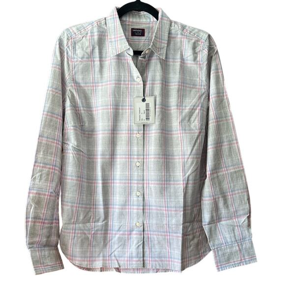 NWT UNTUCKit Women's Chasseles Plaid Button Up Shirt Long Sleeve Gray/Pink SZ 10 - Picture 1 of 12